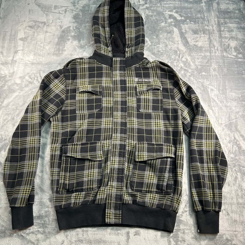 Element Plaid Sherpa Lined Hooded‎ Jacket Mens Large Black Green Full Zip